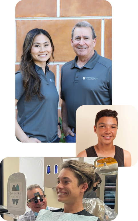 Collage showing the two welcoming doctors, a happy male patient, and a female being cheerfully examined.